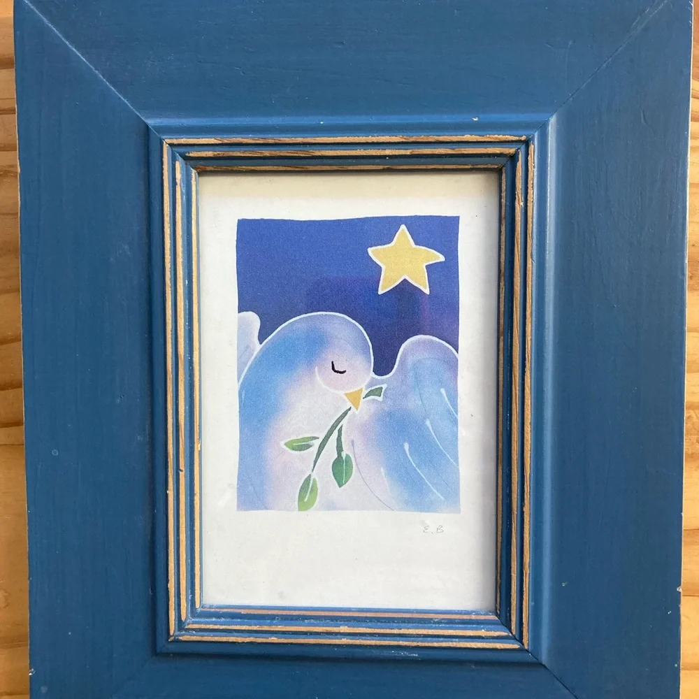 Beautiful Peace Dove Framed Card 10x8” Blue Wood Frame